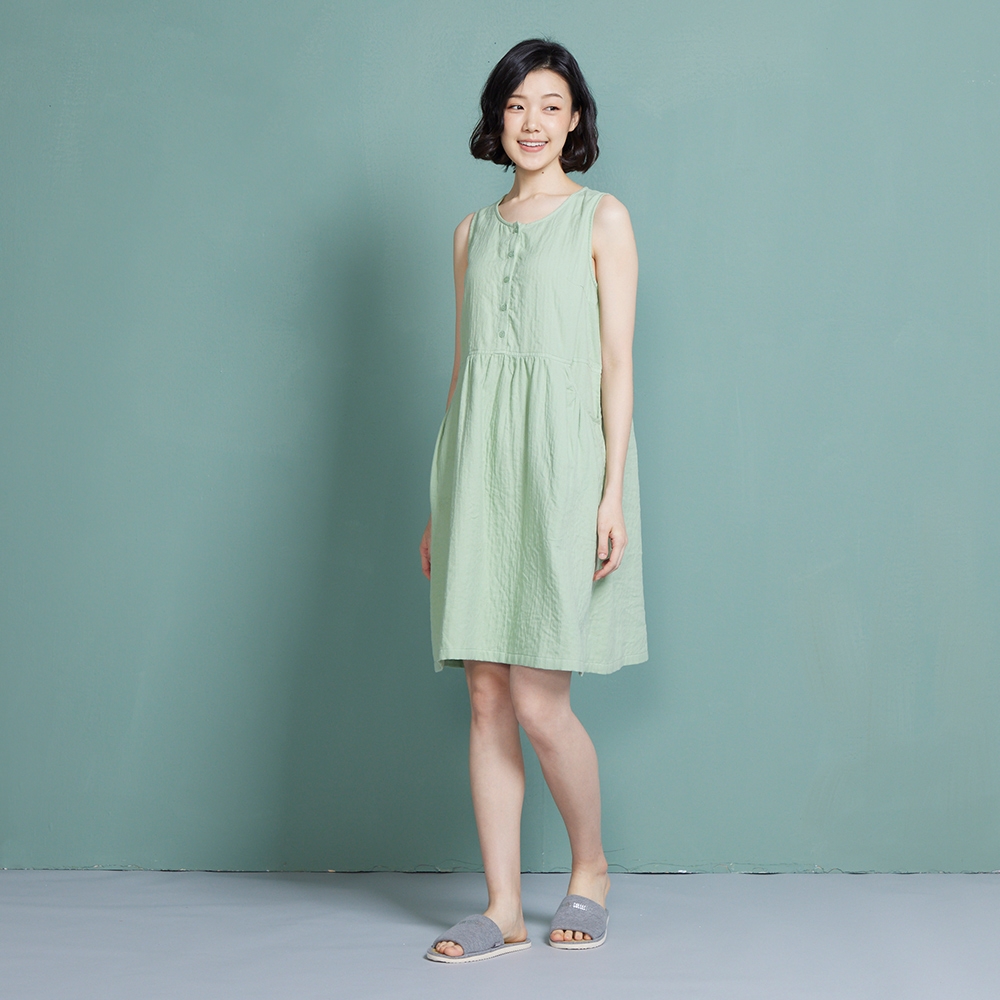 雙層紗半開襟無袖洋裝-開心果綠產品圖