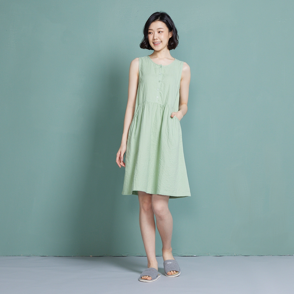 雙層紗半開襟無袖洋裝-開心果綠產品圖