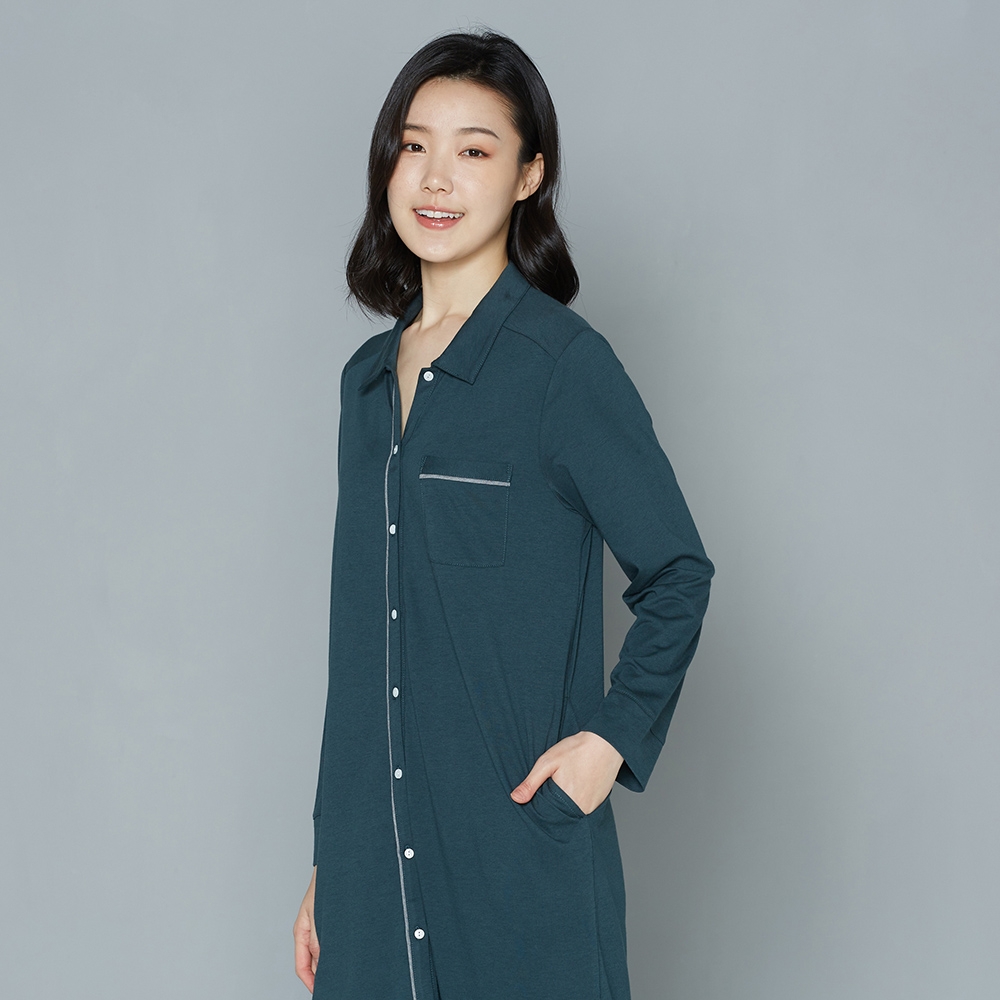 【暖薑纖維】襯衫式長袖洋裝-夜幕綠產品圖